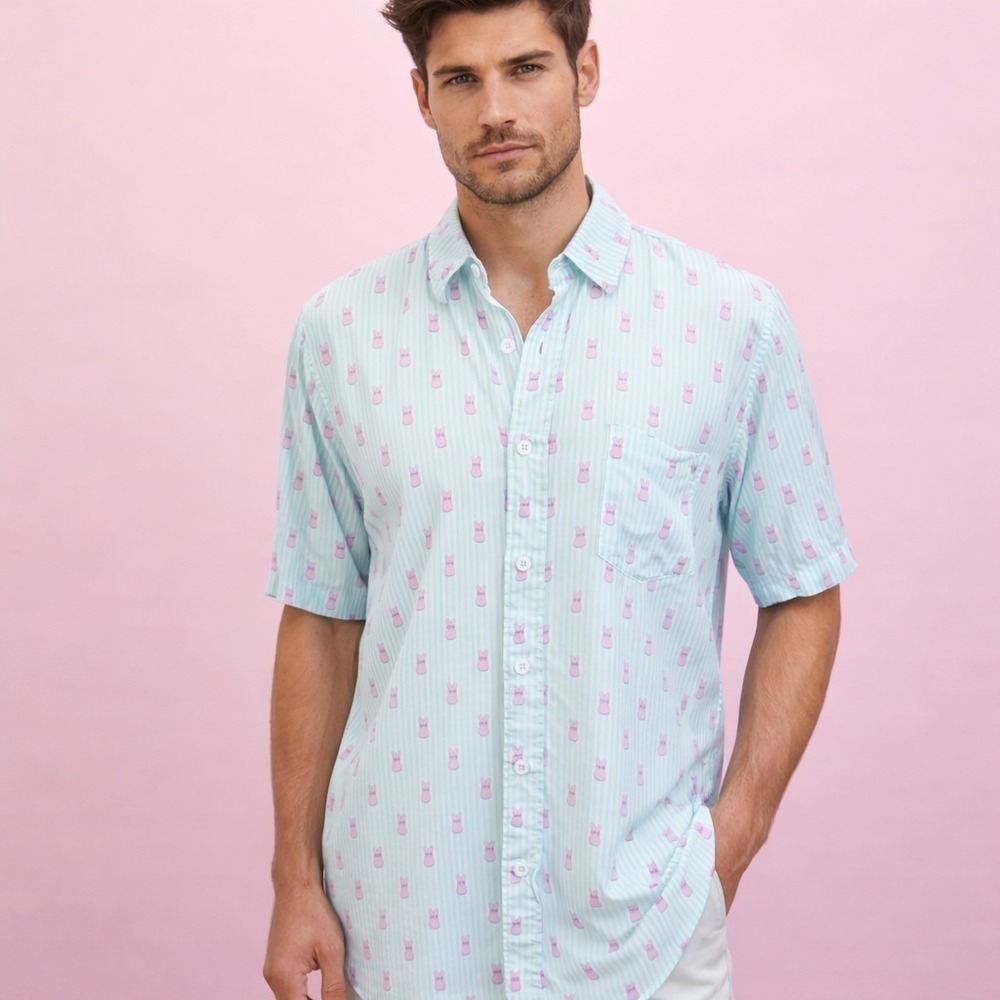 Tipsy Elves Mint Green Short Sleeve Button-Down Shirt with Pink Print